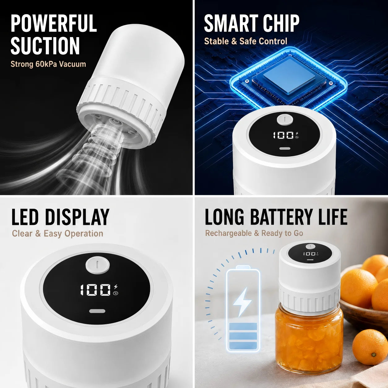 Portable Electric Vacuum Sealer Powerful Air Extraction LED Power Display USB Charging Compatible with Wide-mouth/Regular-mouth Mason Jars