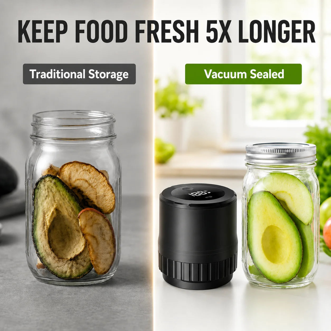 Portable Electric Vacuum Sealer Powerful Air Extraction LED Power Display USB Charging Compatible with Wide-mouth/Regular-mouth Mason Jars