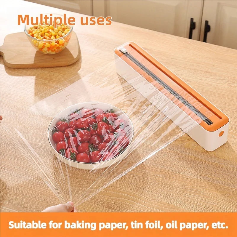 Large Size Plastic Wrap Dispenser with Cutter, Dual Slide Cutting Multifunctional Foil & Parchment Paper Cutter, Reusable Kitchen Film Sealing Machine, Compatible with Plastic Wrap, Aluminum Foil, Baking Paper & Wax Paper, Du