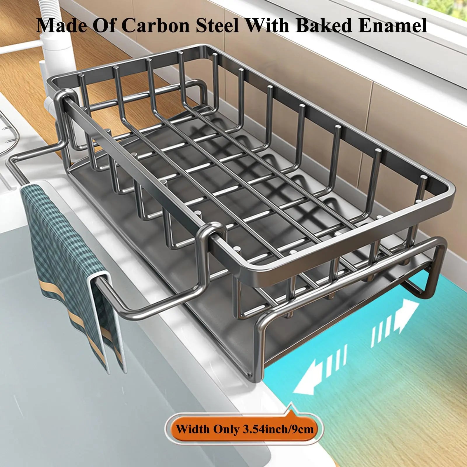 Rustproof Carbon Steel Kitchen Sink Organizer Sponge Holder with Rag Rack Dish Soap Dispenser Caddy Countertop Storage Shelf