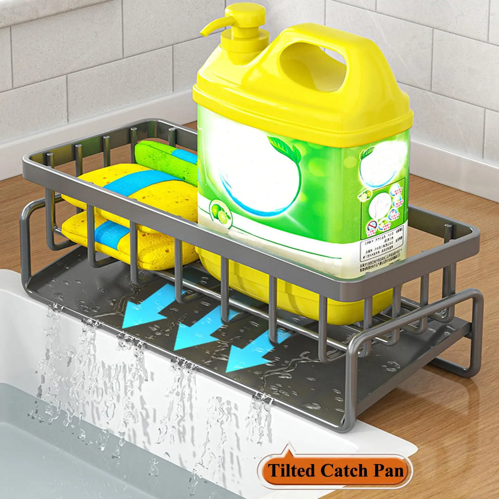 Rustproof Carbon Steel Kitchen Sink Organizer Sponge Holder with Rag Rack Dish Soap Dispenser Caddy Countertop Storage Shelf