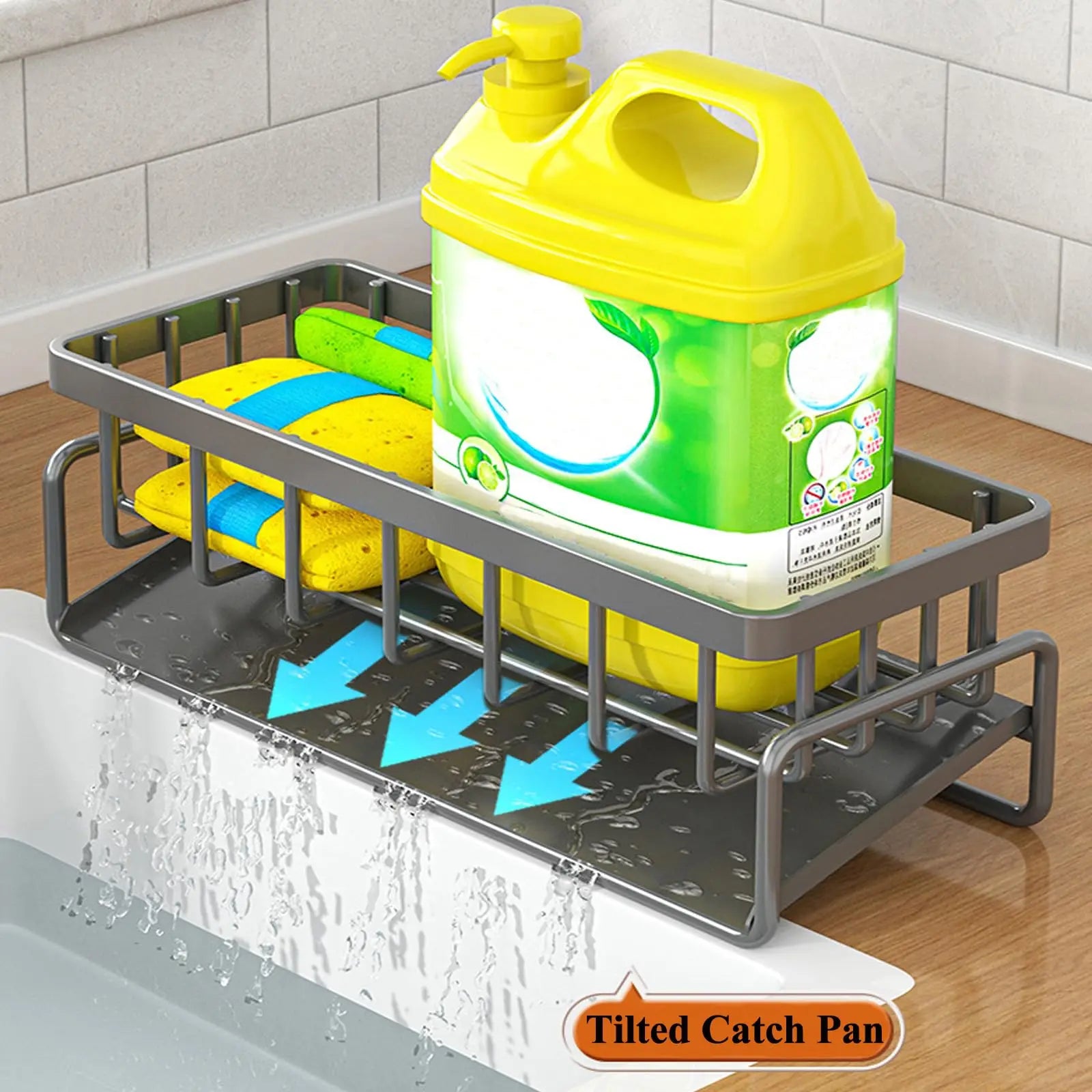 Rustproof Carbon Steel Kitchen Sink Organizer Sponge Holder with Rag Rack Dish Soap Dispenser Caddy Countertop Storage Shelf