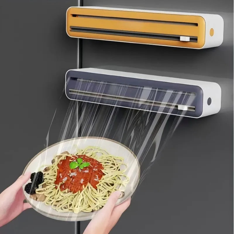 Large Size Plastic Wrap Dispenser with Cutter, Dual Slide Cutting Multifunctional Foil & Parchment Paper Cutter, Reusable Kitchen Film Sealing Machine, Compatible with Plastic Wrap, Aluminum Foil, Baking Paper & Wax Paper, Du