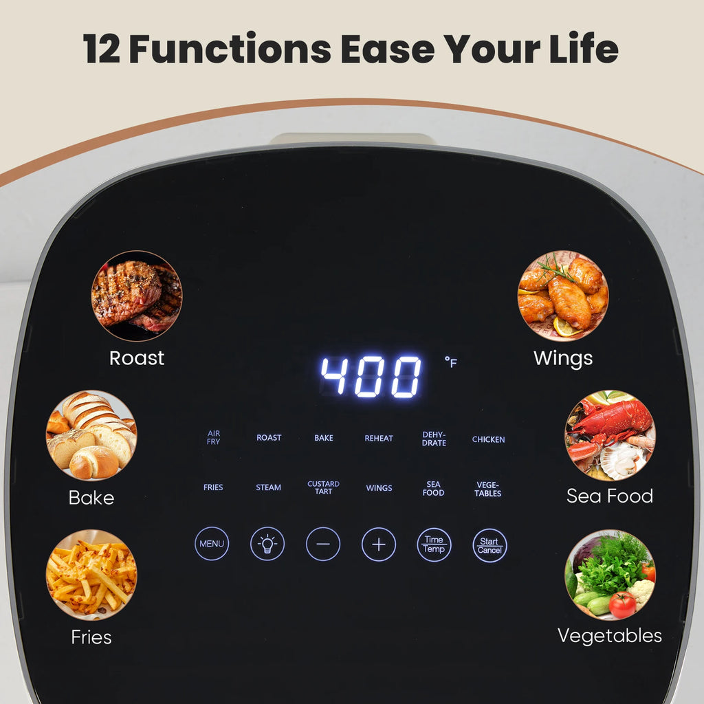 JHK 6 Quart Electric Air Fryer with Window Square Air Fryer 400F 12-in-1 Air Fry Roast Reheat Dehydrate Fries Custard Chicken Vegetabels and Keep Food Warm