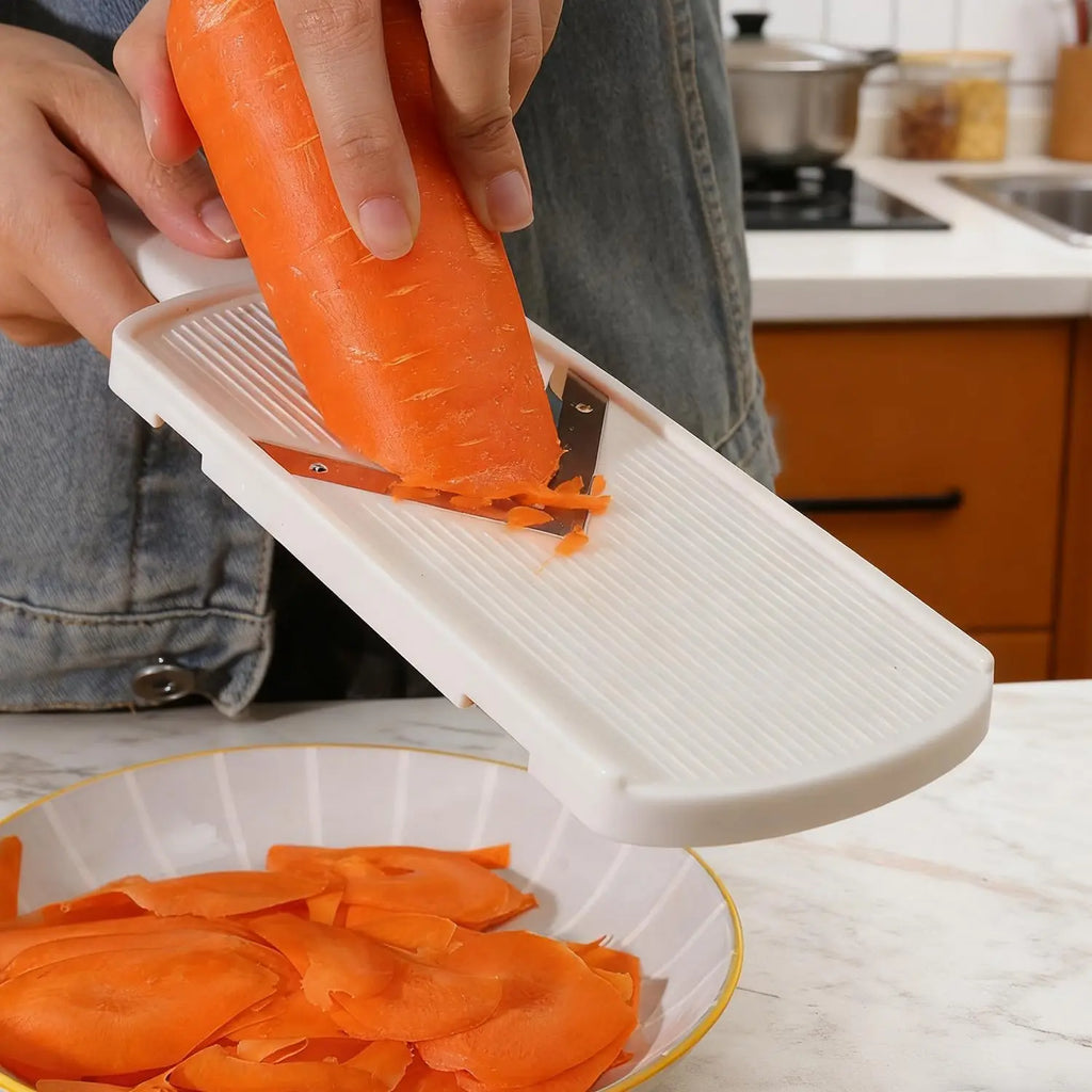 Multi Handheld Mandoline Slicer - Stainless Steel V Blade, with Cleaning Brush, Comfort Grip, Easy to Clean, for Kitchen, Vegetable Chopper, Fruit, Cheese Grater, Potato Chips Slicer (White)