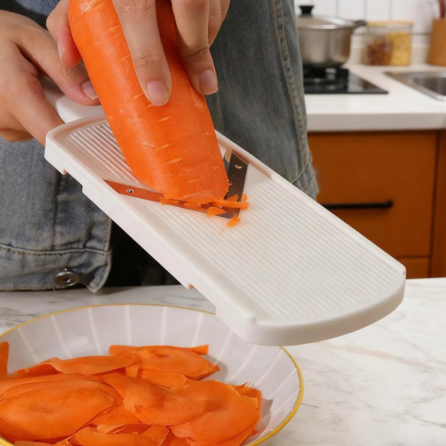 Multi Handheld Mandoline Slicer - Stainless Steel V Blade, with Cleaning Brush, Comfort Grip, Easy to Clean, for Kitchen, Vegetable Chopper, Fruit, Cheese Grater, Potato Chips Slicer (White)