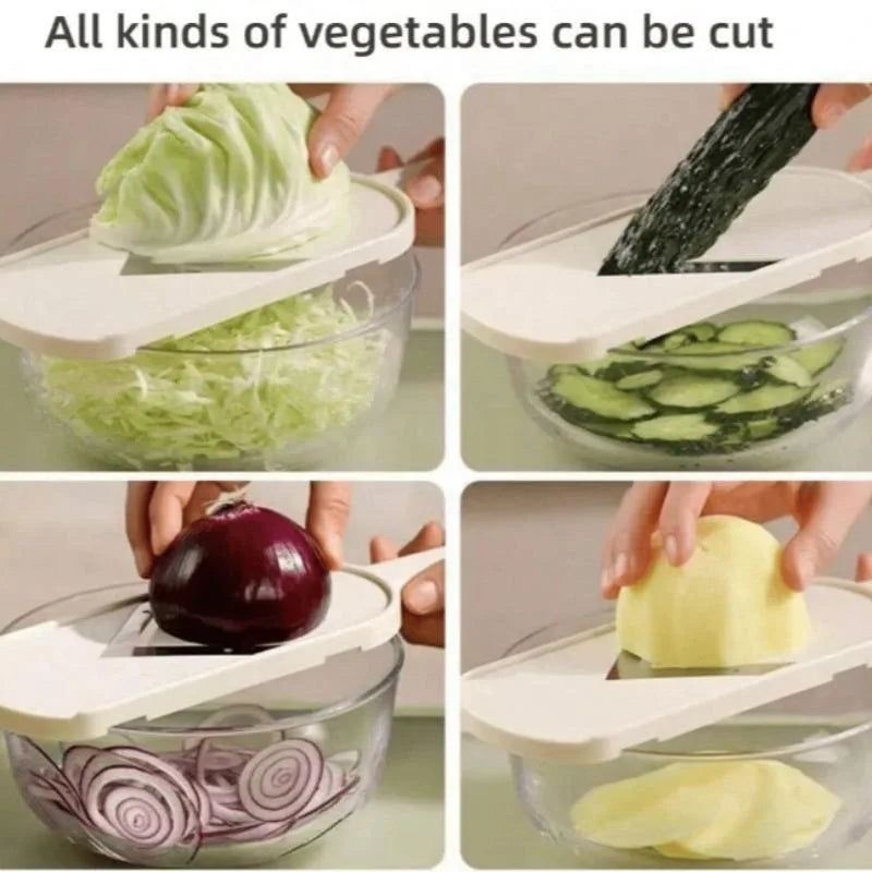 Multi Handheld Mandoline Slicer - Stainless Steel V Blade, with Cleaning Brush, Comfort Grip, Easy to Clean, for Kitchen, Vegetable Chopper, Fruit, Cheese Grater, Potato Chips Slicer (White)