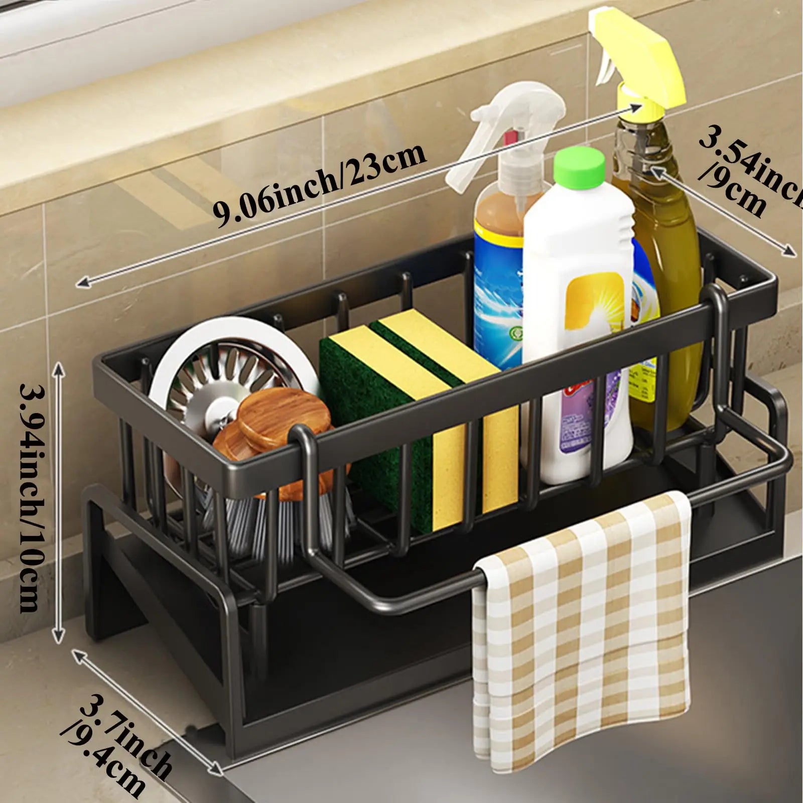 Rustproof Carbon Steel Kitchen Sink Organizer Sponge Holder with Rag Rack Dish Soap Dispenser Caddy Countertop Storage Shelf
