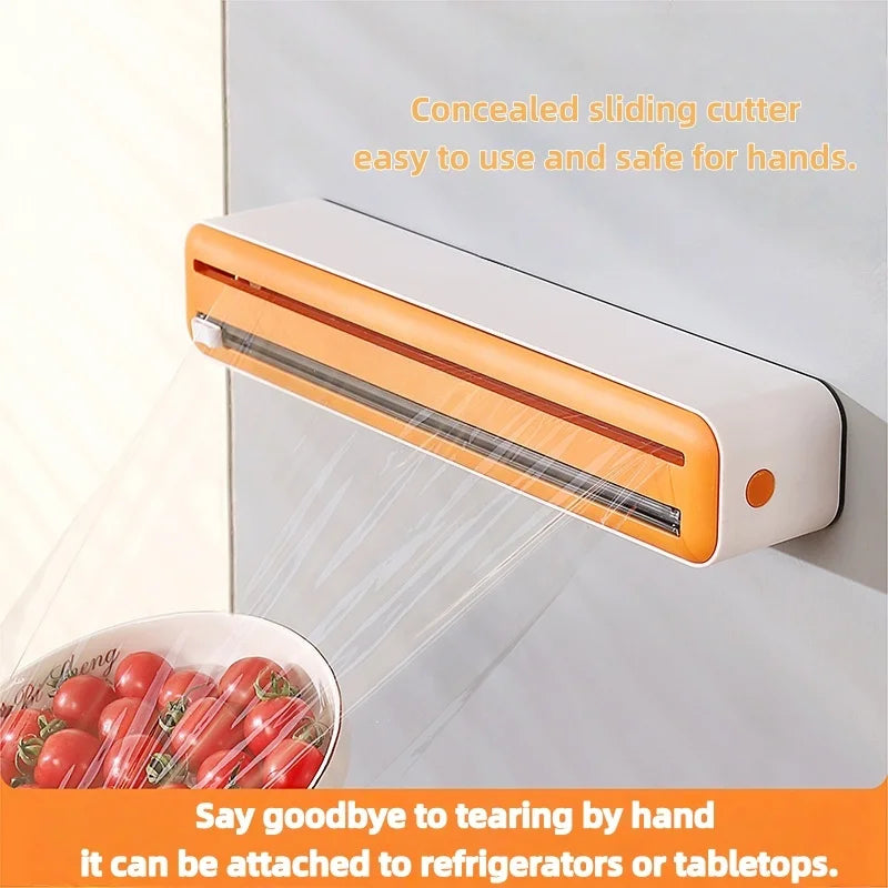 Large Size Plastic Wrap Dispenser with Cutter, Dual Slide Cutting Multifunctional Foil & Parchment Paper Cutter, Reusable Kitchen Film Sealing Machine, Compatible with Plastic Wrap, Aluminum Foil, Baking Paper & Wax Paper, Du