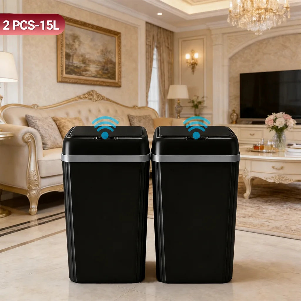 Smart Induction Automatic Sensor Trash Can Silent Auto Open Cover Garbage Bin Luxury High Appearance Level Waste Basket for Kitchen Bathroom Bedroom Office Narrow Side Gap Household Use 2PCS Optional