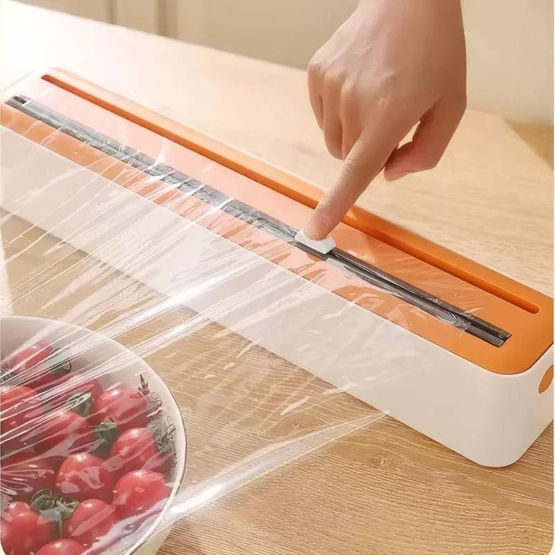 Large Size Plastic Wrap Dispenser with Cutter, Dual Slide Cutting Multifunctional Foil & Parchment Paper Cutter, Reusable Kitchen Film Sealing Machine, Compatible with Plastic Wrap, Aluminum Foil, Baking Paper & Wax Paper, Du