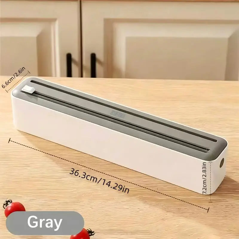 Large Size Plastic Wrap Dispenser with Cutter, Dual Slide Cutting Multifunctional Foil & Parchment Paper Cutter, Reusable Kitchen Film Sealing Machine, Compatible with Plastic Wrap, Aluminum Foil, Baking Paper & Wax Paper, Du