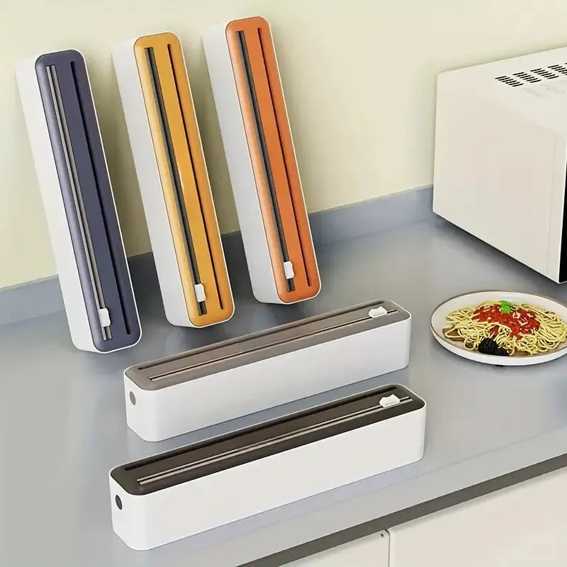 Large Size Plastic Wrap Dispenser with Cutter, Dual Slide Cutting Multifunctional Foil & Parchment Paper Cutter, Reusable Kitchen Film Sealing Machine, Compatible with Plastic Wrap, Aluminum Foil, Baking Paper & Wax Paper, Du