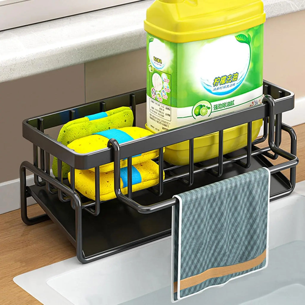 Rustproof Carbon Steel Kitchen Sink Organizer Sponge Holder with Rag Rack Dish Soap Dispenser Caddy Countertop Storage Shelf