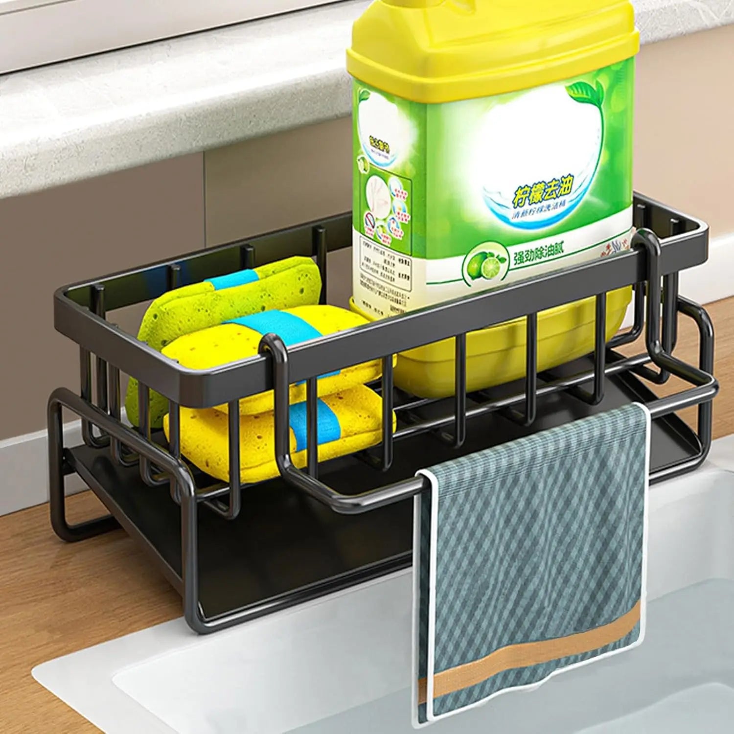 Rustproof Carbon Steel Kitchen Sink Organizer Sponge Holder with Rag Rack Dish Soap Dispenser Caddy Countertop Storage Shelf