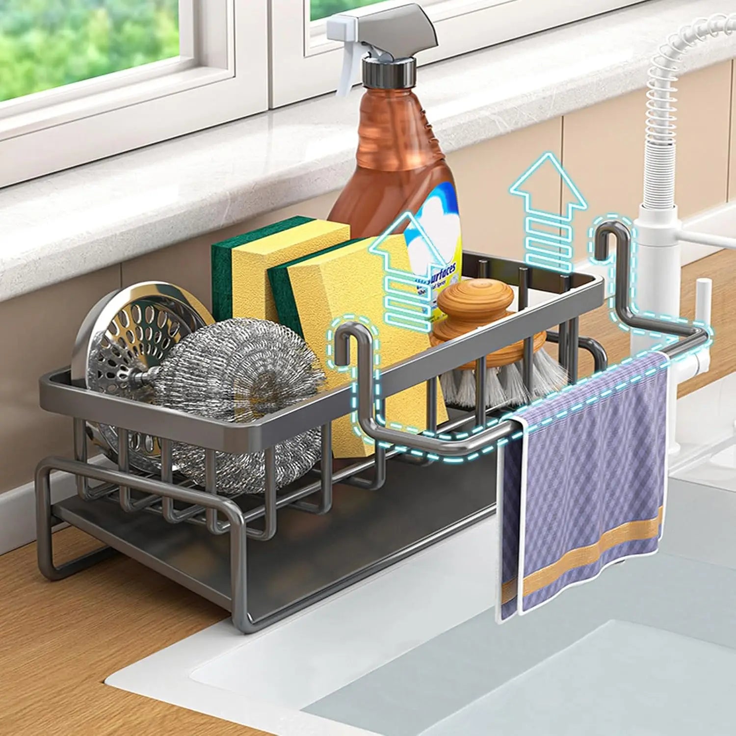 Rustproof Carbon Steel Kitchen Sink Organizer Sponge Holder with Rag Rack Dish Soap Dispenser Caddy Countertop Storage Shelf