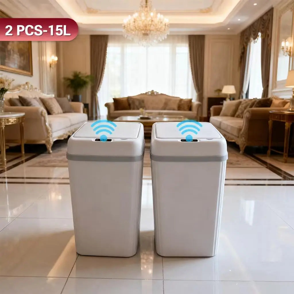 Smart Induction Automatic Sensor Trash Can Silent Auto Open Cover Garbage Bin Luxury High Appearance Level Waste Basket for Kitchen Bathroom Bedroom Office Narrow Side Gap Household Use 2PCS Optional