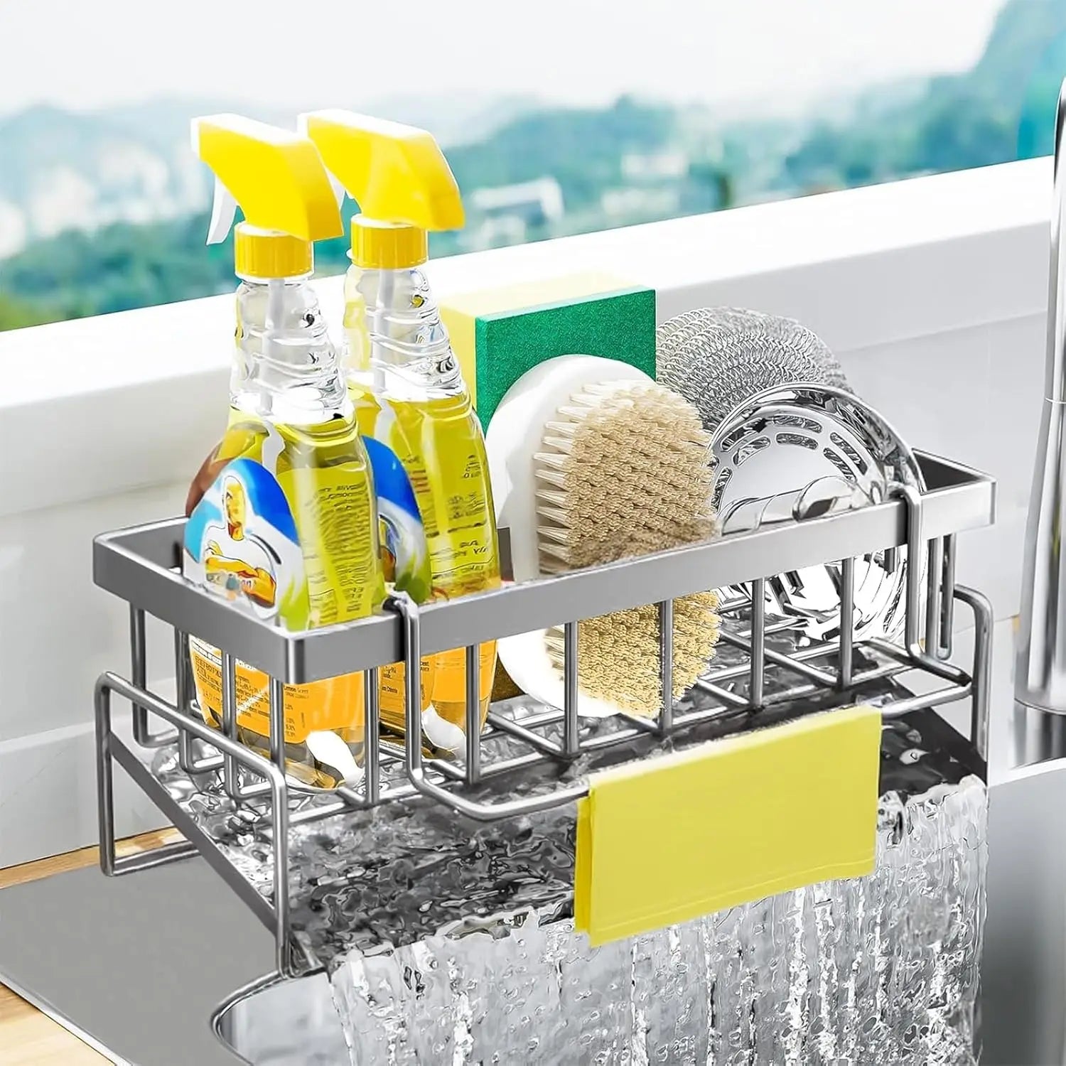 Rustproof Carbon Steel Kitchen Sink Organizer Sponge Holder with Rag Rack Dish Soap Dispenser Caddy Countertop Storage Shelf