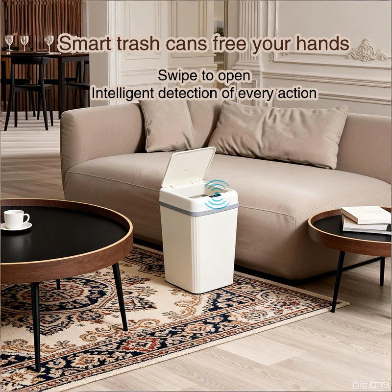 Smart Induction Automatic Sensor Trash Can Silent Auto Open Cover Garbage Bin Luxury High Appearance Level Waste Basket for Kitchen Bathroom Bedroom Office Narrow Side Gap Household Use 2PCS Optional