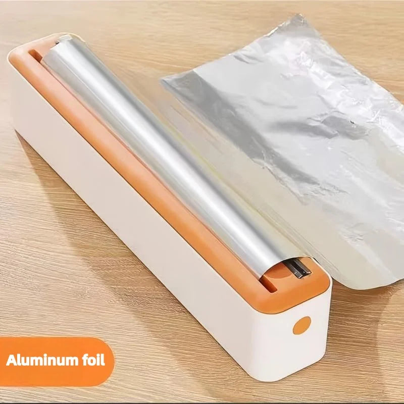 Large Size Plastic Wrap Dispenser with Cutter, Dual Slide Cutting Multifunctional Foil & Parchment Paper Cutter, Reusable Kitchen Film Sealing Machine, Compatible with Plastic Wrap, Aluminum Foil, Baking Paper & Wax Paper, Du