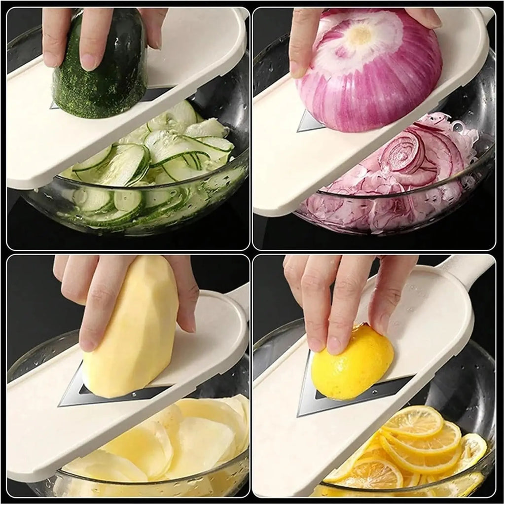 Multi Handheld Mandoline Slicer - Stainless Steel V Blade, with Cleaning Brush, Comfort Grip, Easy to Clean, for Kitchen, Vegetable Chopper, Fruit, Cheese Grater, Potato Chips Slicer (White)
