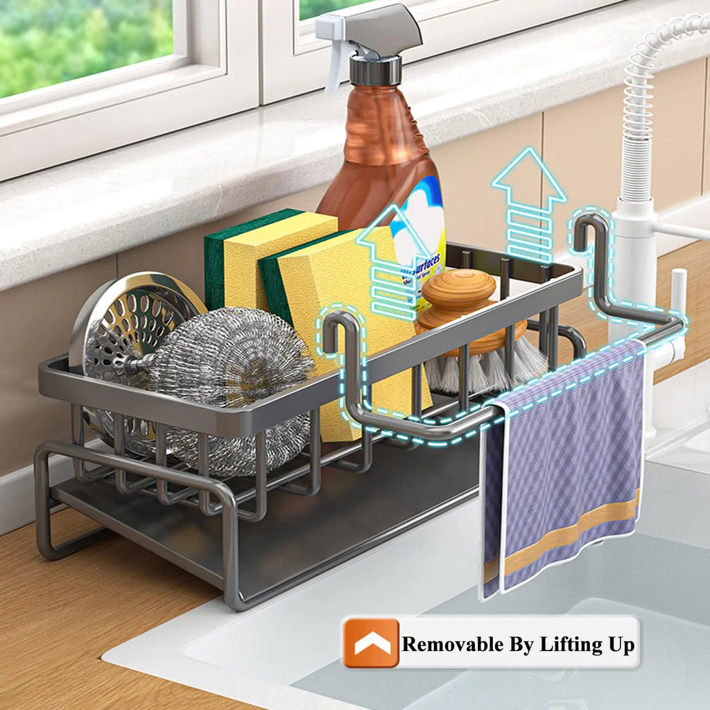 Rustproof Carbon Steel Kitchen Sink Organizer Sponge Holder with Rag Rack Dish Soap Dispenser Caddy Countertop Storage Shelf